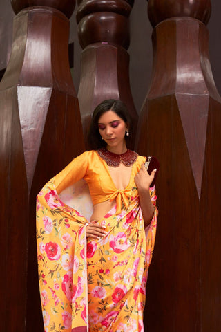 YELLOW DIGITAL PRINTED SATIN CREPE SAREE