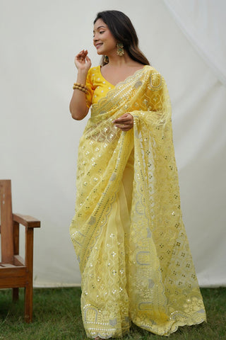 YELLOW ORGANZA SILK SAREE