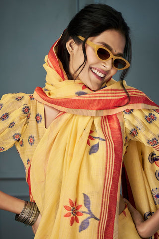 YELLOW HANDLOOM LINEN SAREE