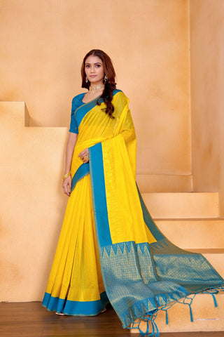 Yellow Pure Handloom Cotton With Gold Zari Silk Saree_Kumari Sarees