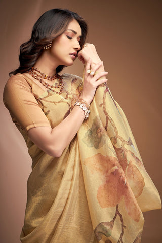 Yellow Zari base Crushed Tissue Saree