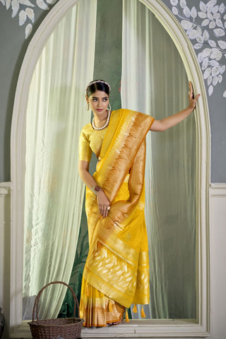 Yellow Pure Silk Crepe Saree_Kumari Sarees