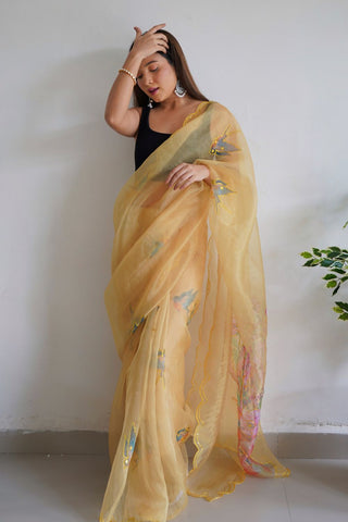 Yellow Organza Silk Saree