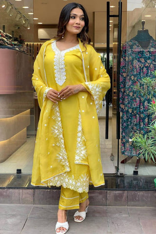 Yellow Georgette Pure Russian  Embroidered Silk Kurta Set_Kumari Sarees