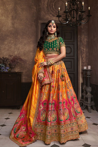 Yellow and Green Silk Lehenga With Sequence Zarkan Work