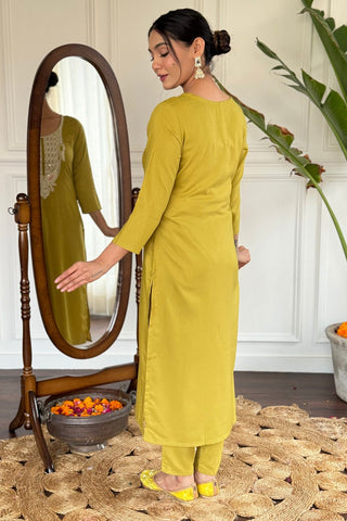 Yellow Viscose Slub Embroidery Kurta Set_Kumari Sarees
