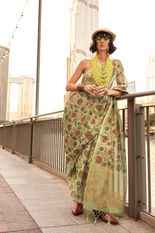 YELLOW PRINTED ZARI TISSUE SAREE