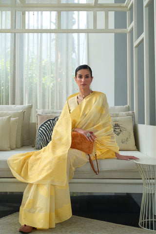 YELLOW CHICKANKARI LUCKNOWI WAVING SAREE