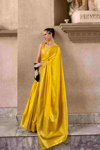 Yellow Pure Satin Silk Crepe Saree_Kumari Sarees