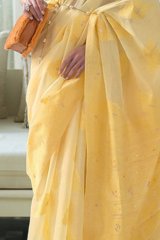 YELLOW CHICKANKARI LUCKNOWI WAVING SAREE