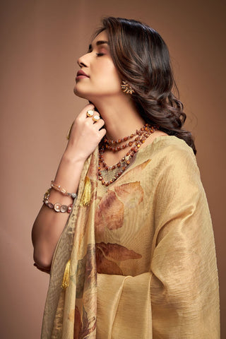 Yellow Zari base Crushed Tissue Saree