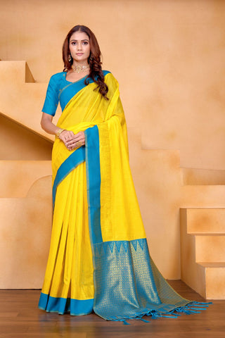 Yellow Pure Handloom Cotton With Gold Zari Silk Saree_Kumari Sarees