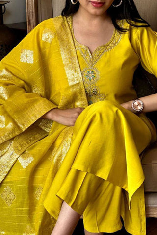 Yellow Viscose Chanderi Embroidered Silk Kurta Set_Kumari Sarees_Kumari Sarees