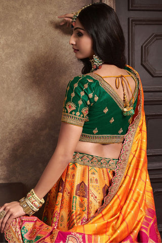 Yellow and Green Silk Lehenga With Sequence Zarkan Work