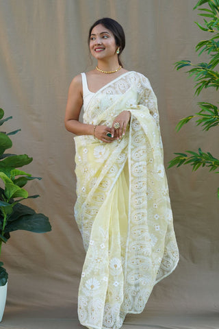 YELLOW ORGANZA SILK SAREE