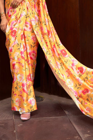 YELLOW DIGITAL PRINTED SATIN CREPE SAREE