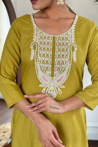 Yellow Viscose Slub Embroidery Kurta Set_Kumari Sarees