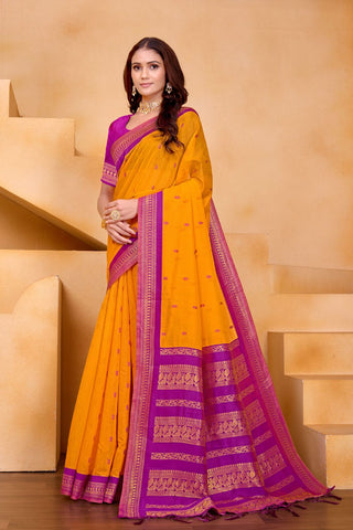 Yellow Pure Handloom Cotton With Gold Zari Silk Saree_Kumari Sarees