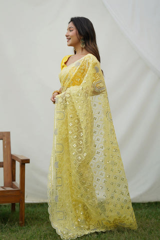 YELLOW ORGANZA SILK SAREE