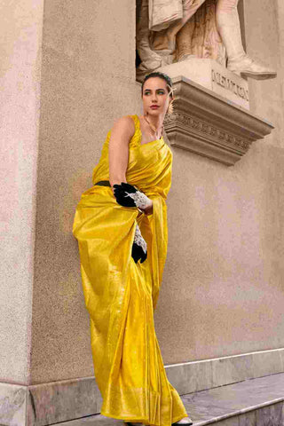 Yellow Pure Satin Silk Crepe Saree_Kumari Sarees