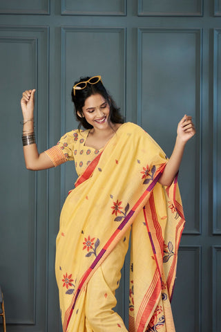 YELLOW HANDLOOM LINEN SAREE