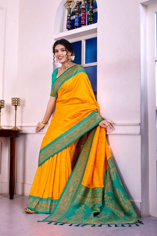 Yellow Soft Silk Banarasi Pattu Saree_Kumari Sarees