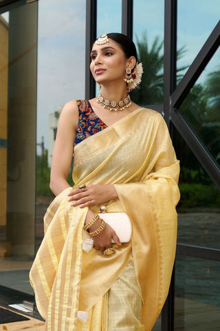 Yellow Handloom Weaving Khadi Silk Saree_Kumari Sarees