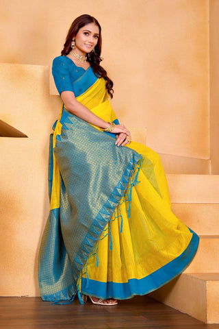Yellow Pure Handloom Cotton With Gold Zari Silk Saree_Kumari Sarees