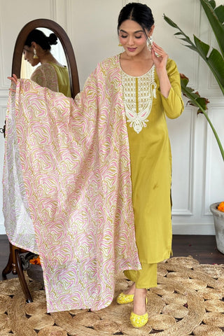 Yellow Viscose Slub Embroidery Kurta Set_Kumari Sarees