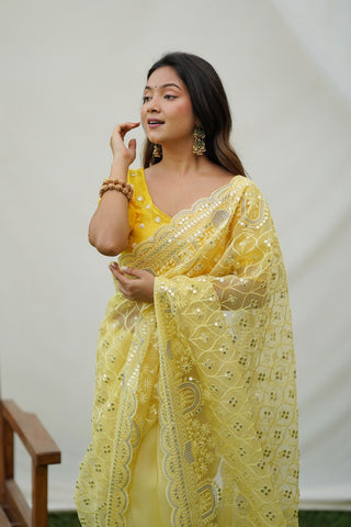 YELLOW ORGANZA SILK SAREE