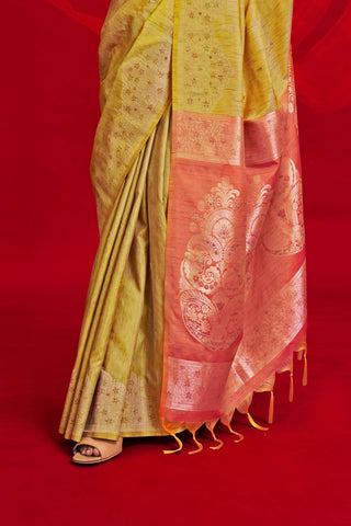 Yellow Tussar Handloom Weaving Silk Saree_Kumari Sarees