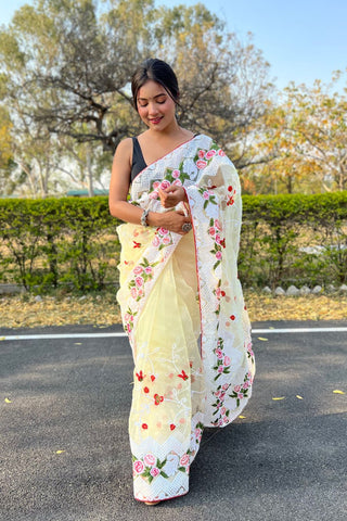 YELLOW ORGANZA SILK SAREE