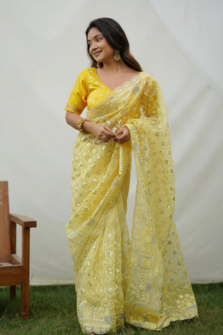 YELLOW ORGANZA SILK SAREE