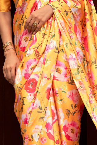 YELLOW DIGITAL PRINTED SATIN CREPE SAREE