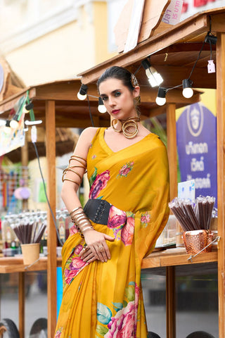 Yellow Pure Georgette Saree 