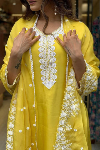 Yellow Georgette Pure Russian  Embroidered Silk Kurta Set_Kumari Sarees
