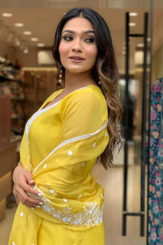 Yellow Georgette Pure Russian  Embroidered Silk Kurta Set_Kumari Sarees