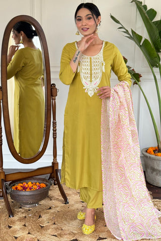 Yellow Viscose Slub Embroidery Kurta Set_Kumari Sarees