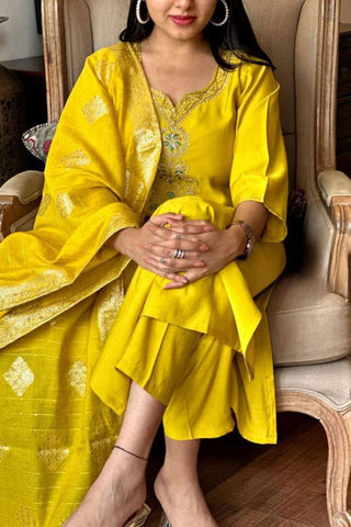 Yellow Viscose Chanderi Embroidered Silk Kurta Set_Kumari Sarees_Kumari Sarees