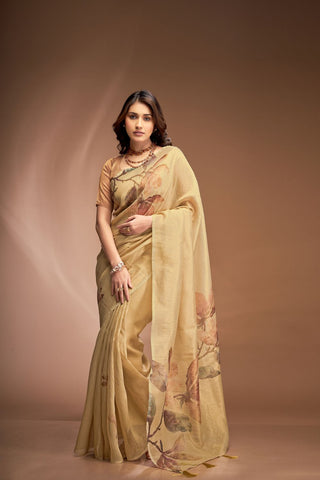 Yellow Zari base Crushed Tissue Saree