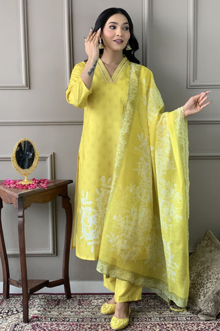 Yellow Viscose Reyon Cotton Embroidery Kurta Set