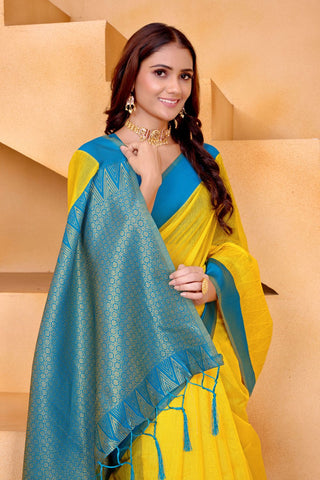 Yellow Pure Handloom Cotton With Gold Zari Silk Saree_Kumari Sarees