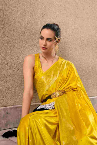 Yellow Pure Satin Silk Crepe Saree_Kumari Sarees