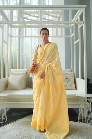 YELLOW CHICKANKARI LUCKNOWI WAVING SAREE