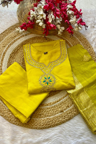 Yellow Viscose Chanderi Embroidered Silk Kurta Set_Kumari Sarees