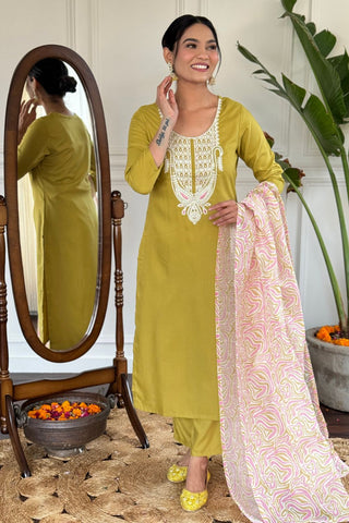 Yellow Viscose Slub Embroidery Kurta Set_Kumari Sarees