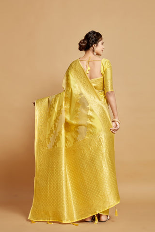 Yellow Linen Jamdani Banarasi Saree