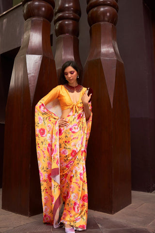 YELLOW DIGITAL PRINTED SATIN CREPE SAREE