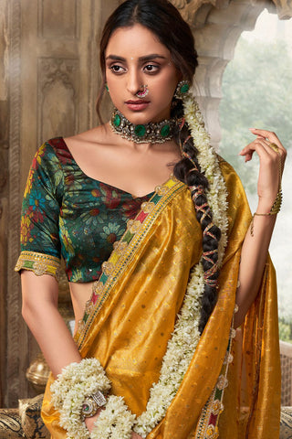 Yellow Pure Tissue With Beaufort Multicolored Lace Saree_Kumari Sarees