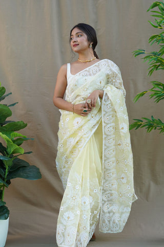 YELLOW ORGANZA SILK SAREE